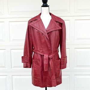 Vintage red leather wrap coat with tie.